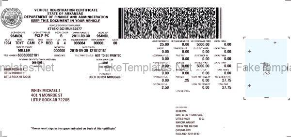 Arkansas Vehicle Registration Certificate Template PSD