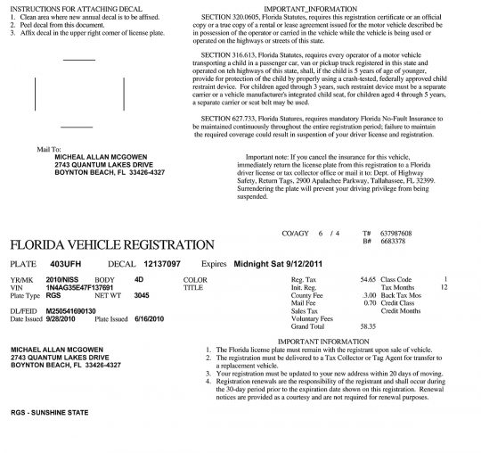 Florida Vehicle Registration Certificate template PSD