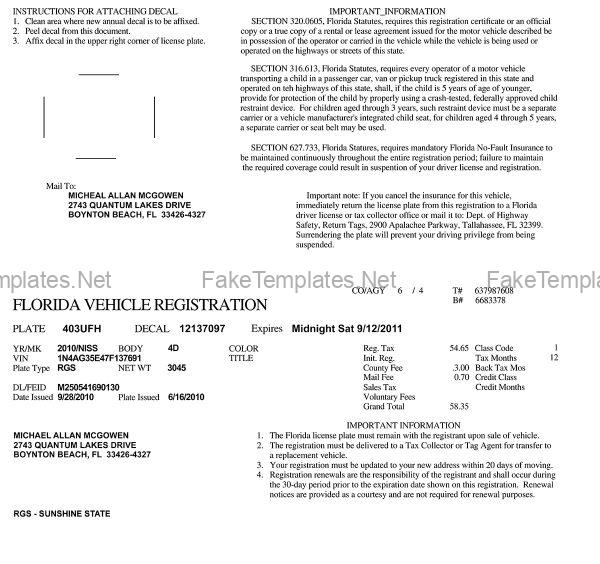 Florida Vehicle Registration Certificate template PSD