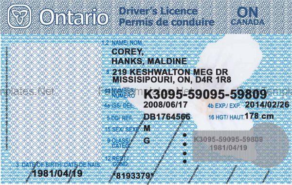 Ontario Driver License Template Front